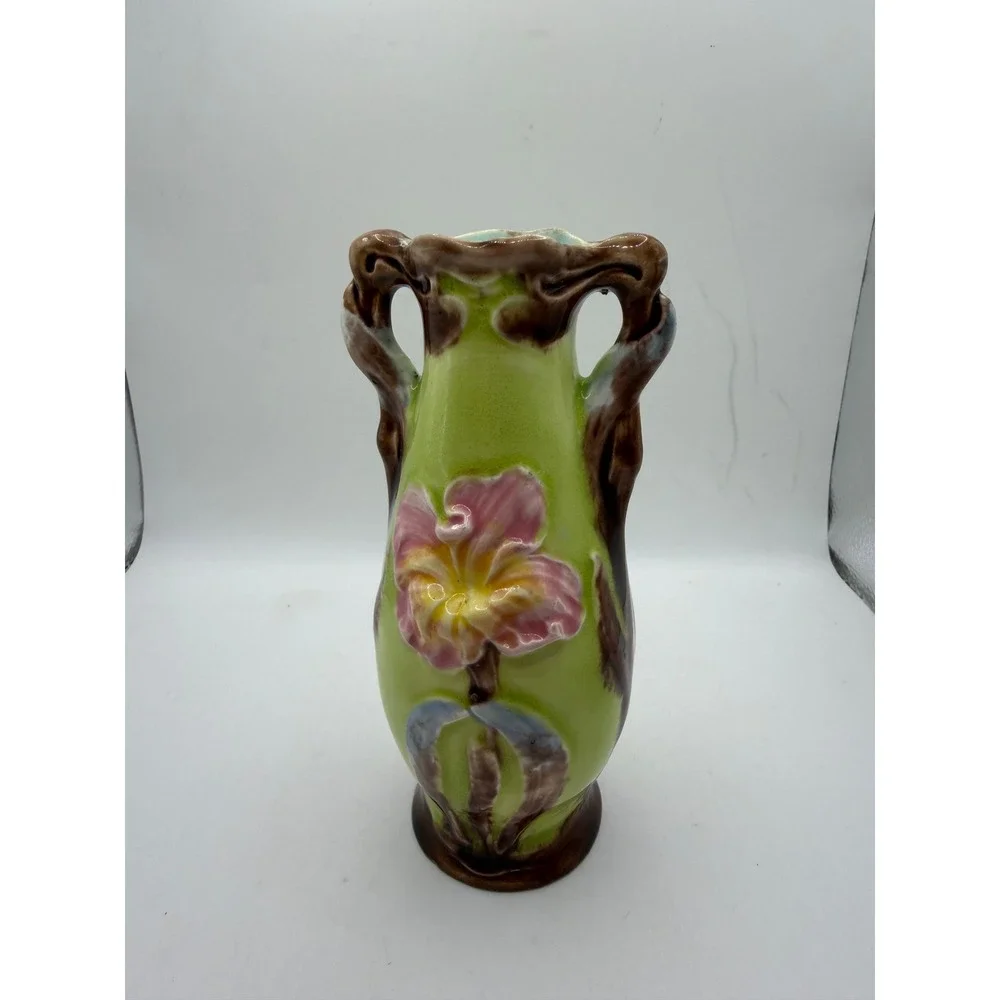 Vintage Majolica Style Floral Pottery Vase Double Handle Green Pink